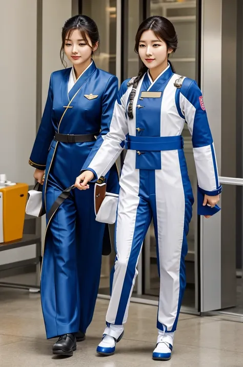 Generate an aviation suit inspired by traditional Korean costumes,It has to be specifically a women&#39;s suit., It has to be white with details in gold and bright blue, You have to wear traditional Korean flowers and an aviation scarf, he has to have an a...