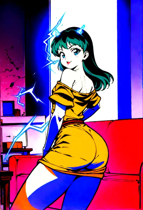 (lum:1.5), 1girl, long hair, (tiny horns), (score_9, score_8_up, score_7_up), masterpiece, best quality, absurdres, unity, 8k, wallpaper, hi res, highly detailed face, highly detailed eyes, blue eyes, perfect anatomy, super detailed skin, 1980s style, anim...