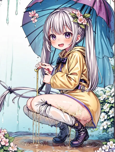 One Girl,rainbow,raincoat,yellow raincoat,rubber Knee-high boots,Hydrangea,flower,Long Hair,Twin tails,Knee-high boots,blush,umbrella,Open your mouth,hair ornaments,Food,alone,Terboz,very Long Hair,Food up,Long sleeve,Low Ponytail,bow,bangs,smile,animal Fo...