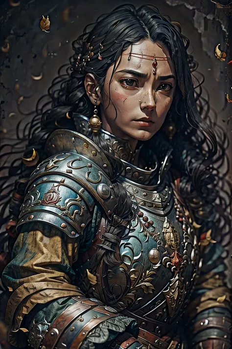 50-year-old woman in the 17 century Female battle scared warrior leader of the order of the scarlet rose, guilty conscious expression, determined facial expression. Black hair. Female.
