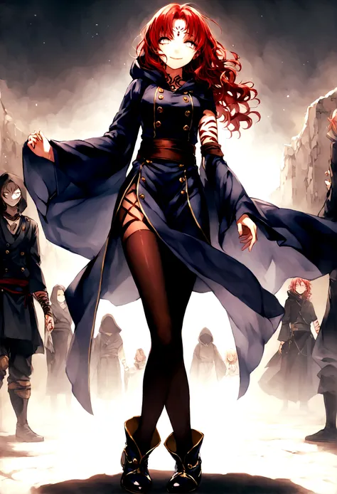 short red hair not too far below the shoulder but not too far above the shoulder, wavy hair, a dark blue jujutsu outfit with gold buttons, a dark blue hood, the sleeves of the clothing at the hem were wide and long but did not go past the hand and the bott...