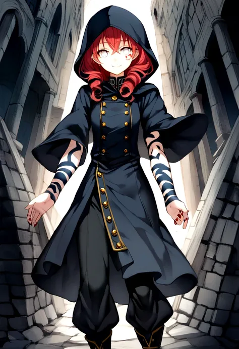 short red hair not too far below the shoulder but not too far above the shoulder, wavy hair, a dark blue jujutsu outfit with gold buttons, a dark blue hood, the sleeves of the clothing at the hem were wide and long but did not go past the hand and the bott...