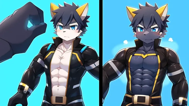 Thin macho　western black dragon　　abs　　　　　Hollow abs　　body suit　　thick arms　　　chest rig　　　、sweaty　　　skin glow　　profile　　Wearily　short of breath　　  　Chemo shota　　
have a 　blue eyes　Tired look jacket