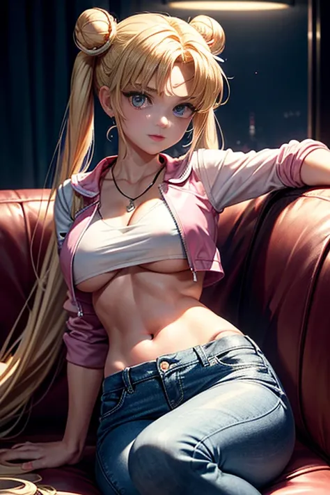 score_9, score_8_up, score_7_up, score_6_up, sailor moon, blonde hair, blue eyes, double bun, hair bun, hair ornament, long hair, twintails, parted bangs,, pink cropped jacket, pink jeans, braless, no bra, open jacket, white shirt, short sleeves, necklace,...