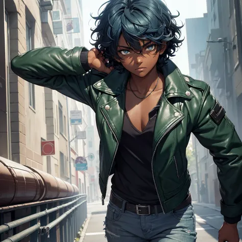 A dark-skinned teenager, short, curly blue hair, dark green eyes. a scar on the eye.
Dressed in a leather jacket 