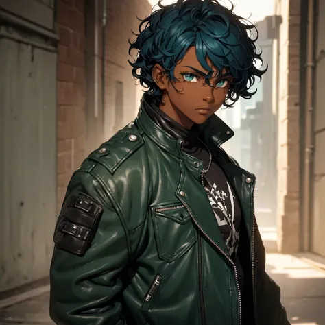 A dark-skinned teenager, short, curly blue hair, dark green eyes. a scar on the eye.
Dressed in a leather jacket 