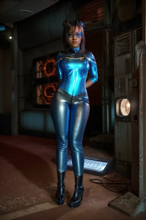 Full body, Black woman wearing blue sttldunf uniform,veins,borg,eyepatch,cable,luma,rosalina,detailed face,detailed eyes,detailed lips,metal texture,sci-fi,glowing lights
jamesdaly artstyle,