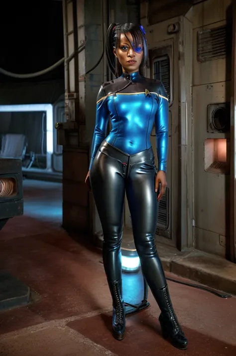 Full body, Black woman wearing blue sttldunf uniform,veins,borg,eyepatch,cable,luma,rosalina,detailed face,detailed eyes,detailed lips,metal texture,sci-fi,glowing lights
jamesdaly artstyle,