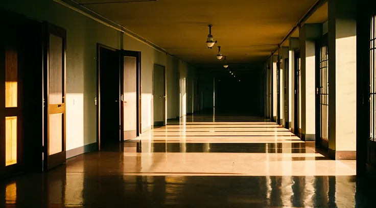 Photorealistic perspective. The scene captures an empty school hallway with a 7-year-old boy with straight, dark brown hair. The corridor is flanked by beige classroom doors on the left, ajar, and a low wall (wall) on the right, indicating that it is on th...