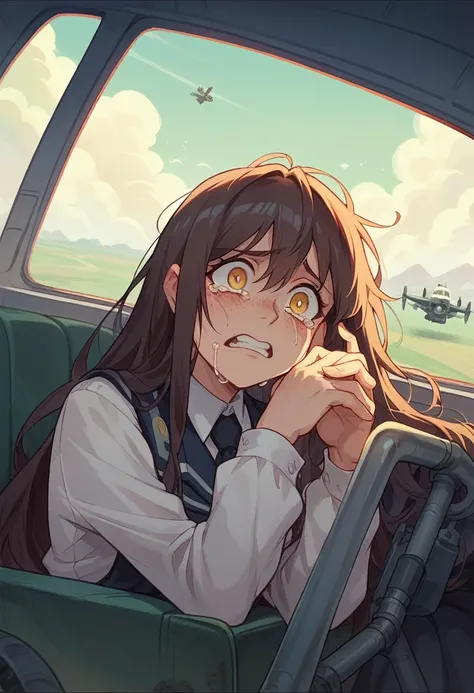 screenshot of my hero academy. girl blue and black long hair, yellow eyes and freckles on her face. in a downward looking plane, crying uncontrollably while her hands are covering her ears while she cries a thousand tears in her face.