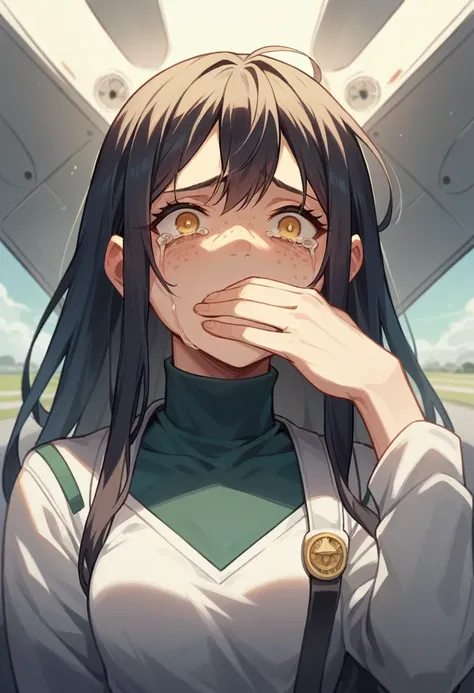 screenshot of my hero academy. girl blue and black long hair, yellow eyes and freckles on her face. in a downward looking plane, crying uncontrollably while her hands are covering her ears while she cries a thousand tears in her face.