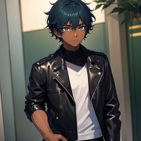 A dark-skinned teenager, short, curly blue hair, dark green eyes. a scar on the eye.
Dressed in a leather jacket 