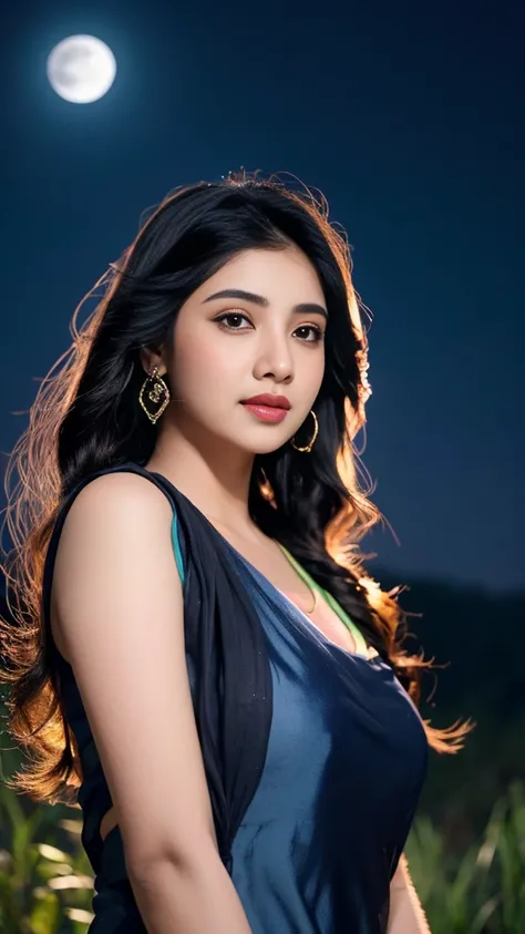 (((desi girl))), chubby face, natural skin, wearing hot deep neck top and dupatta, charming black long hair, realistic night view, moon stars mountain background, bokeh