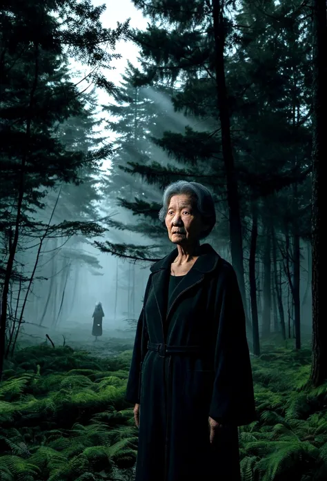 Draw a Korean grandmother in her 70s standing in a dark forest like a horror movie scene