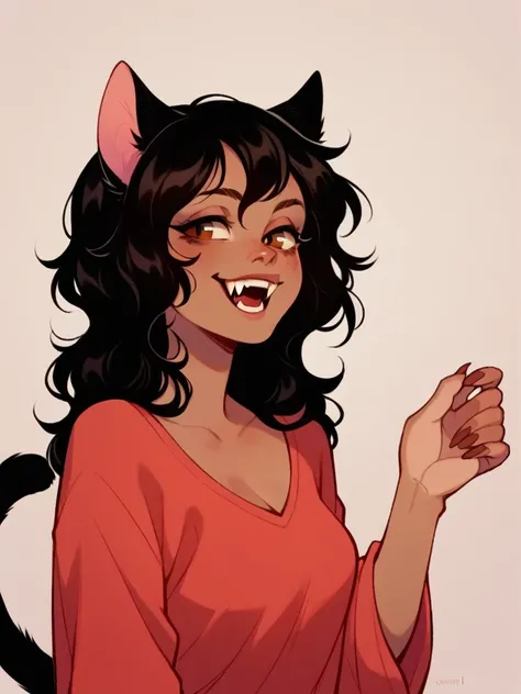 Half body, A beautiful woman, long wavy black hair, brown eyes, casual clothing, cat ears and tail, fangs, horns, sexi