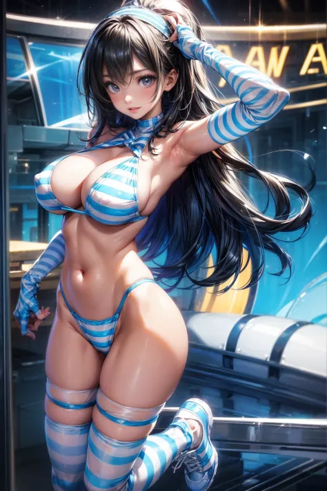 Super big breasts、The best smile、High leg striped bikini、Blue and white horizontal striped bikini、striped knee high socks、Striped Long Gloves、Ultra glossy、sneakers、Detailed picture、girl、25-year-old woman、Dynamic and lively pose、Crotch line、Erect nipples