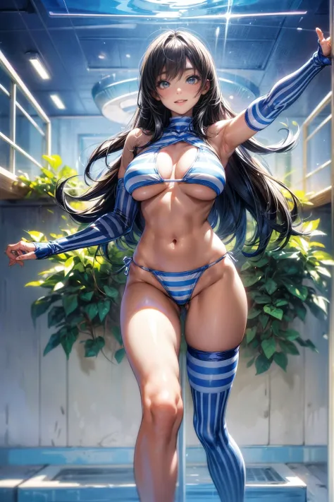 Super big breasts、The best smile、High leg striped bikini、Blue and white horizontal striped bikini、striped knee high socks、Striped Long Gloves、Ultra glossy、sneakers、Detailed picture、girl、25-year-old woman、Dynamic and lively pose、Crotch line、Erect nipples