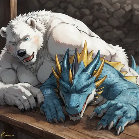 duo, one  ,blue eyes , dragon , blue and cyan scales, yellow crest eyes , well built ,  profile, fulfilled face, kemono , high quality  , by rossciaco )  , touching ( one sleeping polar well built polar bear laying on the table )