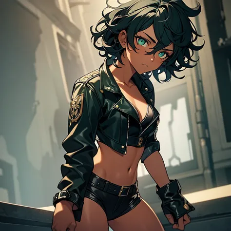 a teenage girl with tanned skin, short curly blue hair, dark green eyes, a scar on her eye, wearing a leather jacket, intricate details, photorealistic, 8k, best quality, masterpiece, highly detailed, dynamic pose, dramatic lighting, cinematic atmosphere, ...