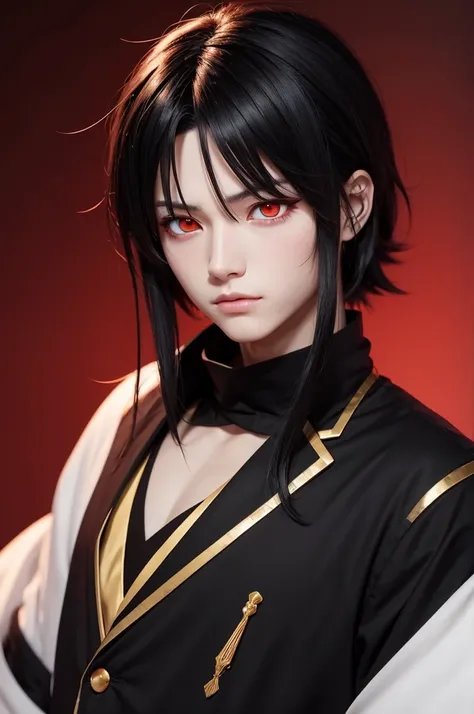 An anime version man character black hair red eyes and golden pupils