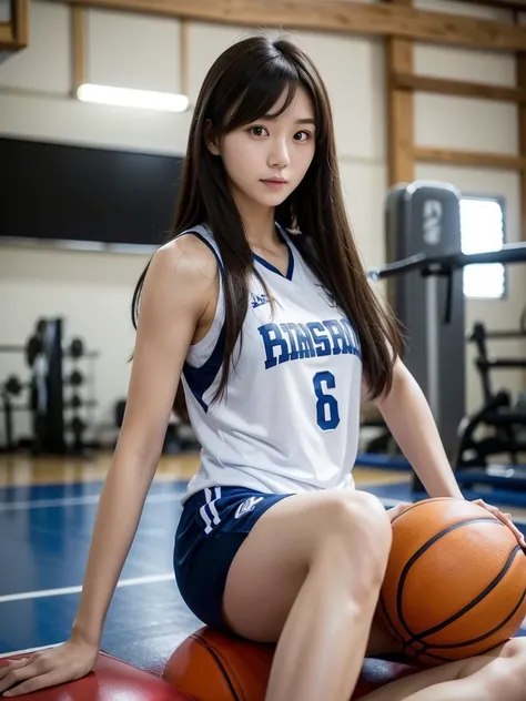 basketball、Basket Wear、gym、Goal Ring、shoot、(Highest quality)、((Very detailed))、4K、(8K)、masterpiece、Very detailedな、Highest quality、Super Resolution、1 person、Kind Face、Soft Light、RAW quality、Soft Skin、163cm、30 years old、Thighs