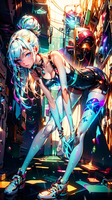 An ultra-realistic and ultra-detailed, Extra- Vibrant, (Legendary Vivid Neon Multicolored Psychedelic Masterpiece), (((IT_IS_RAINING:1.4))), ((full body portrait)), Running, (Dynamic Angle), best quality, (Angled View), 1girl, She is a Gorgeous Magical Alc...