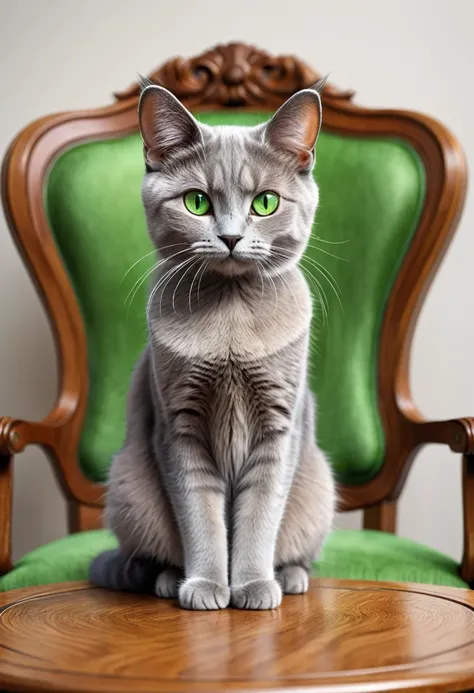 masterpiece, best quality, cartoon, ultra detailed, (symmetry:1.1), animal, gray cat sitting at the Mobail green eyes, cat ears, whiskers, white chair, wooden table, apple logo on Mobail