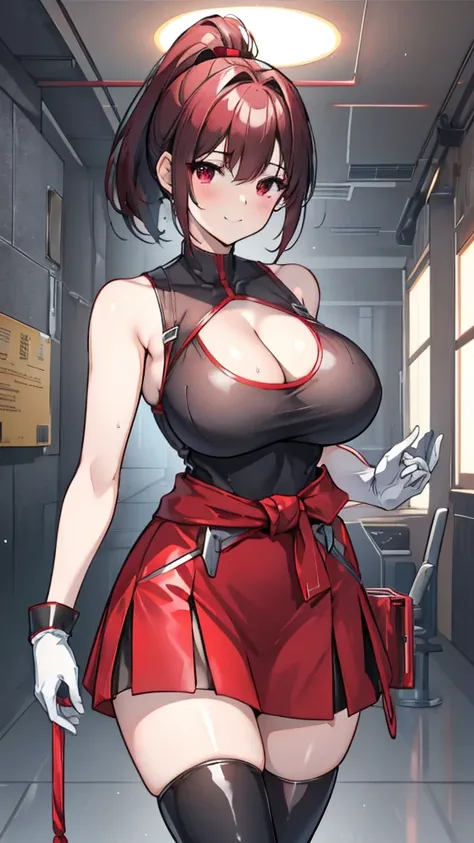 18 year old girl，baby face，Dark red short hair，Ponytail hairstyle，Smile，Huge breasts，Cleavage，Transparent red sleeveless top，Leave space in the middle to reveal Cleavage，Soaked all over，blush，Red eyes，female spy，red miniskirt，White gloves，White hand sleeve...