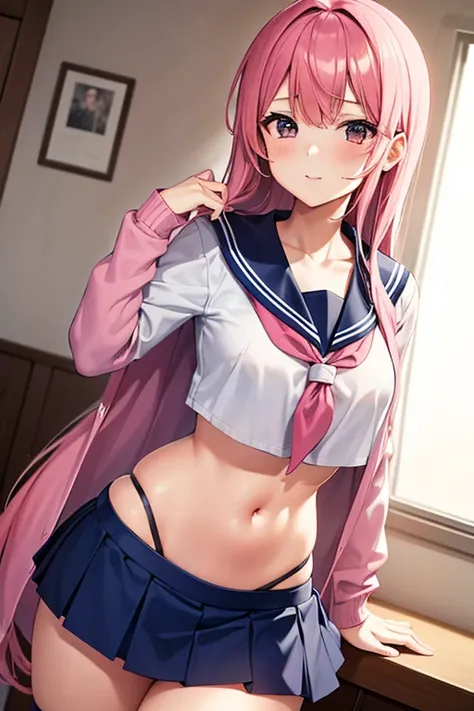 High school girl in a sailor suit with pink hair and a thick miniskirt in the infirmary