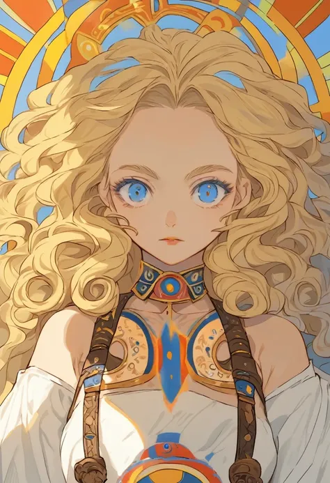 Woman with blonde curly hair, blue-eyed, wearing a harness of the Sun God