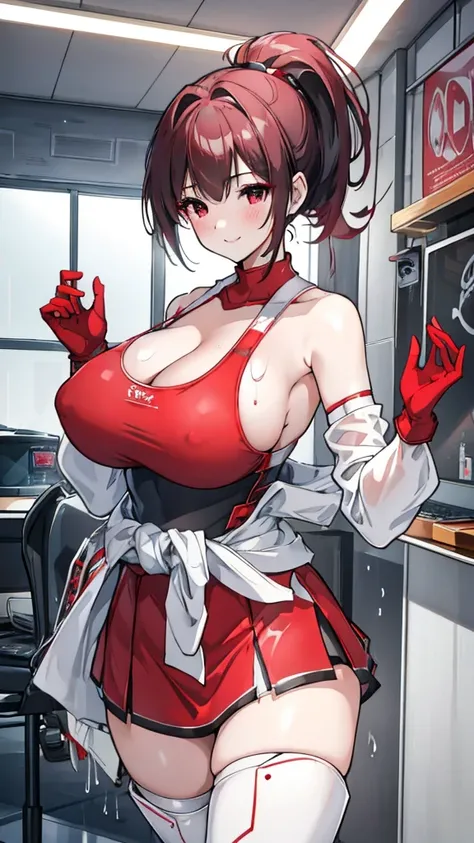 18 year old girl，baby face，Dark red short hair，Ponytail hairstyle，Zhangzui smile，Huge breasts，Cleavage，Transparent red sleeveless top，Leave space in the middle to reveal Cleavage，Soaked all over，blush，Red eyes，female spy，red miniskirt，White gloves，White ha...