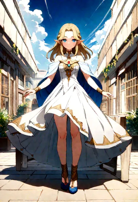 full body image:1.5), (Princess Zelda, standing, One:1.2), (She is wearing a white dress, open shoulders, She has (Blue eyes, short blond hair), (she smiles, I look at the viewer.), 16K, Best quality, high detail, uhd, masterpiece, anatomically correct