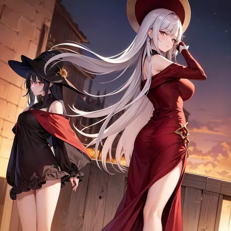 １The Witch of Man。Big Breasts。glamorous body。Silver-haired half-up。Golden eyes。Wearing a red cloak。Black underwear。Wearing a big red hat。Shoulder Off,Valley Hole。beautiful long dress, brown Clothes, dusk, dusk sky, sunset,Free Pose。Low - Angle