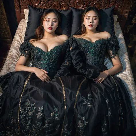 in a striking 8k hdr scene, a stunning korean woman, 22 years old, lies peacefully in a black coffin surrounded by plush pillows...