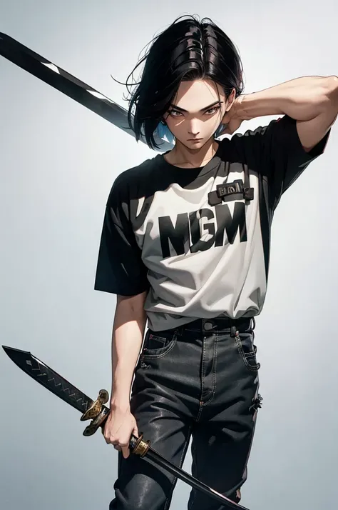 (masterpiece), best quality, expressive eyes, perfect face, highres, 1 boy, solo, brown eyes, black hair,parted hair,short hair, White social shirt, social black pants, standing, portrait, looking at the viewer, School ambient, holding hookswords, Sword sh...