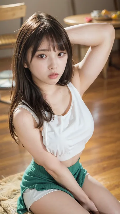 Open shirt, (((Leaning forward))), ((,Round face, Around 17 years old,mini skirt、A loose-fitting tank top)),  Long Hair, , Natural Makeup, Lips become thicker, Sexy Gaze, barefoot, ((Raise one leg)),  Shooting from below,Gentle expression ,((Extremely prec...