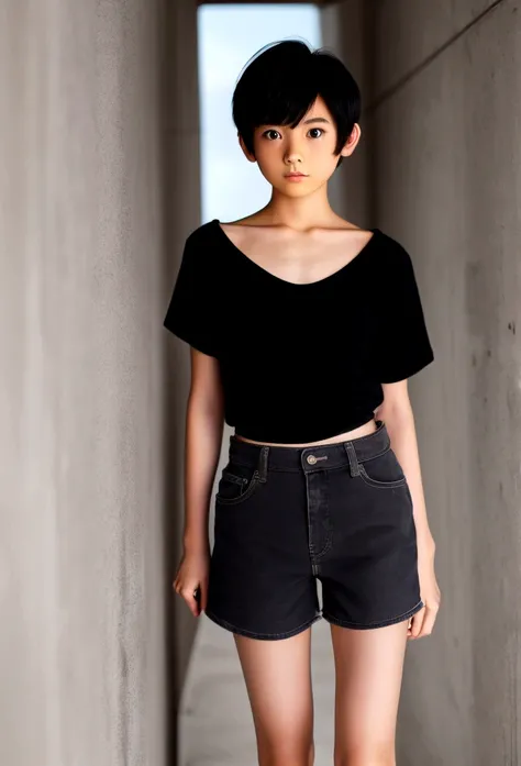 A cute girl, Looks about 10 years old (short hair), Height about 120 cm, Very short shorts, Shorts bulging in the shape of a penis, flat chest like a boy, Slender body, The wall is a concrete wall, Black Hair, eyeball, Surrealism, Blurred, Cinema Lighting,...