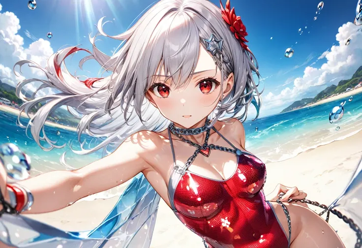 (pov Swimwear style) (beautiful body), (solo:2, 16 yo, hime cut silver hair hair long hair divine fighter girl, cool red eyes, serious face, medium tits), (in a Crystalline detailed one piece Layered Dress swimsuit, detailed sequin body chain), break, in t...