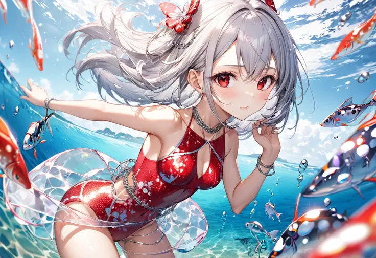 (pov Swimwear style) (beautiful body), (solo:2, 16 yo, hime cut silver hair hair long hair divine fighter girl, cool red eyes, serious face, medium tits), (in a Crystalline detailed one piece Layered Dress swimsuit, detailed sequin body chain), break, in t...