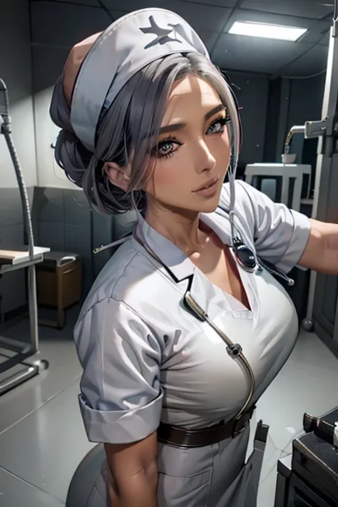 nurse uniform,hospital, latex nurse suit,nurses,busty,elbow gloves,labcoat,grey hair woman,red eyes , gigantic ,medical instrume...