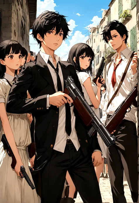 Group of two boys and two girls and on one side a black-haired boy with a gun in his hand