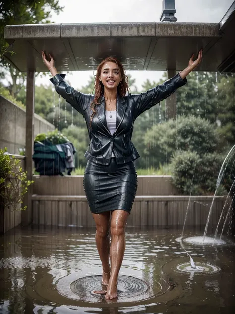 ((Masterpiece, realistic, excellent photo quality)), (( Face photorealistic:1.8, Nikon)), ((Beautiful, attractive auburn haired supermodels wearing shiny wet grey office suit with short pencil skirt, jacket with nametag, white blouse, pantyhose, high heel ...