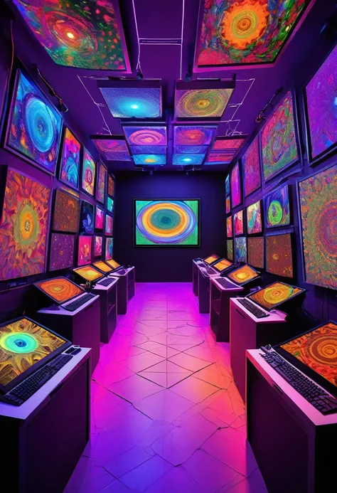 conceptual installation pop art, best quality, super fine, 16k, 2.5D, delicate and dynamic depiction, the walls are covered with monitor screens of various sizes, showing various things, including... Could that be...? dark horror fantasy, analyzer lab room...