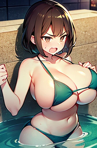 Huge breasts、Angry face、Big Tits、blush、Emerald green swimsuit、Handsome、Brown Hair、bikini、Having my breasts massaged、A large number of people々、School、juvenile、Crushing breasts、A man buries his face in her chest