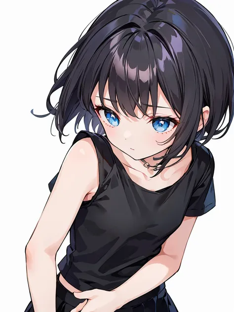 1girl, solo, blue eyes, (detailed eyes), flat chest, short hair, black hair, ((black t-shirt)), simple t-shirt, black skirt, bla...