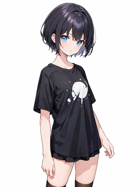 1girl, solo, blue eyes, (detailed eyes), flat chest, short hair, black hair, ((black t-shirt)), simple t-shirt, black skirt, bla...