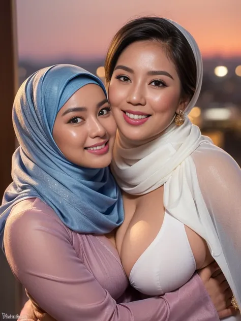 ((2woman)), ((26 years Old)), ((Sugar Mama)), ((Sensual Lips)), (White Skin), ((beautiful rich Indonesian woman)), ((pashminaHijab)), (Massive Gigantic Colossal  : 1.2), ((Captivating blushy Smile)), curvy body, (puffed Breast about To burst out from her c...