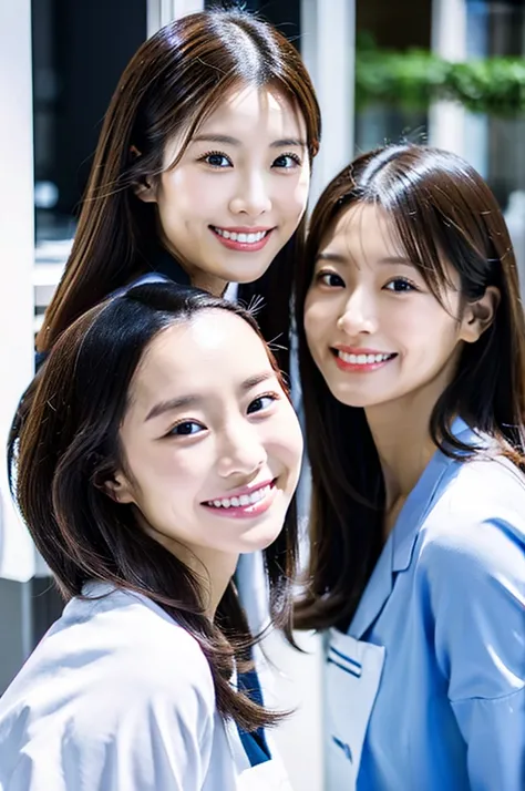 Dental hygienist, 2 women　横並び smile 白色の医療スクラブ着用 日本人 黒髪 20代前半女性　Upper body close-up　high resolution　high resolution　Highest quality　smile　Shooting outside　Harmony々