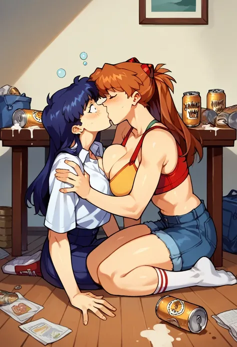 score_9, score_8_up, score_7_up, score_6_up, score_5_up, score_4_up, (source_anime), 2girls, evangellion, asuka langley (small breasts), katsuragi misato (massive breasts), yuri, Messy apartment, full body, breast sucking, Table, beer cans, drunk, Junk on ...