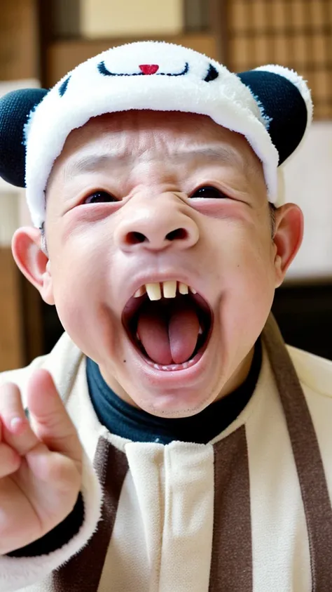 Baby costume, Japanese man, fat, 60 years old, big eyes, protruding eyes, nostrils pointing upwards, misaligned teeth, broken teeth